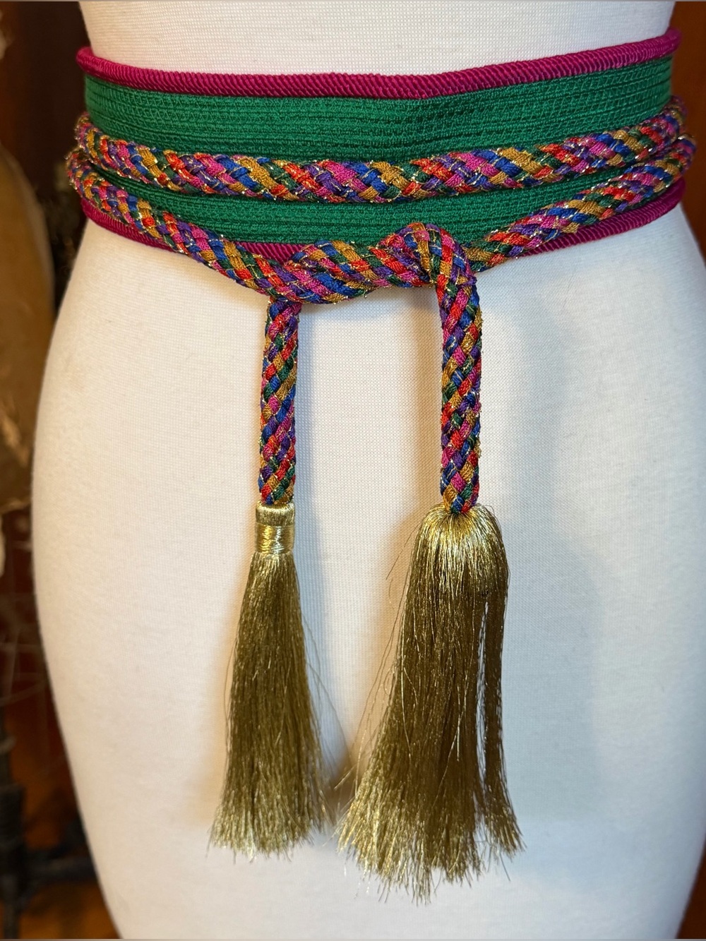 Vintage Fabric Multicolor Belt With Gold Tassels Size Large (L) Length 58” - Picture 12 of 16